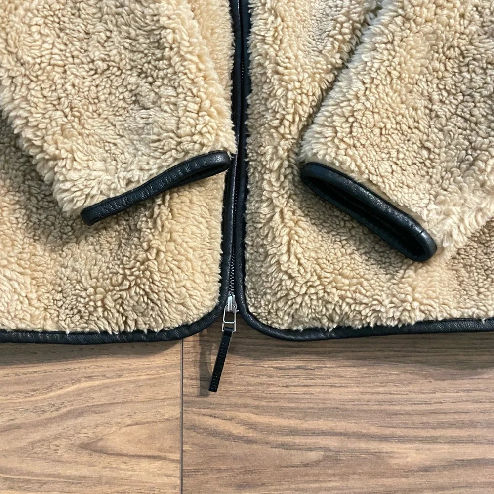 Anine Bing Ryder Jacket Sherpa Women's Med Tan Black Full Zip Pockets‎